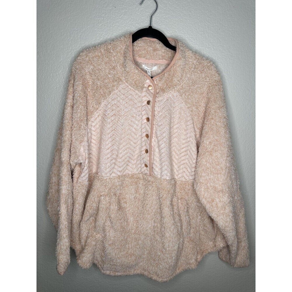 Maurices Pullover Womens 2X Pink Beige Fuzzy Faux Fur Chevron Snap Front Pockets